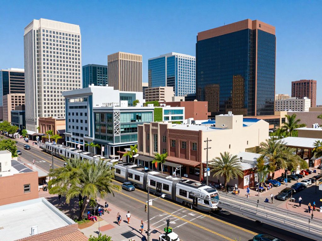 A revitalized urban center in Downtown Phoenix filled with people and activity.