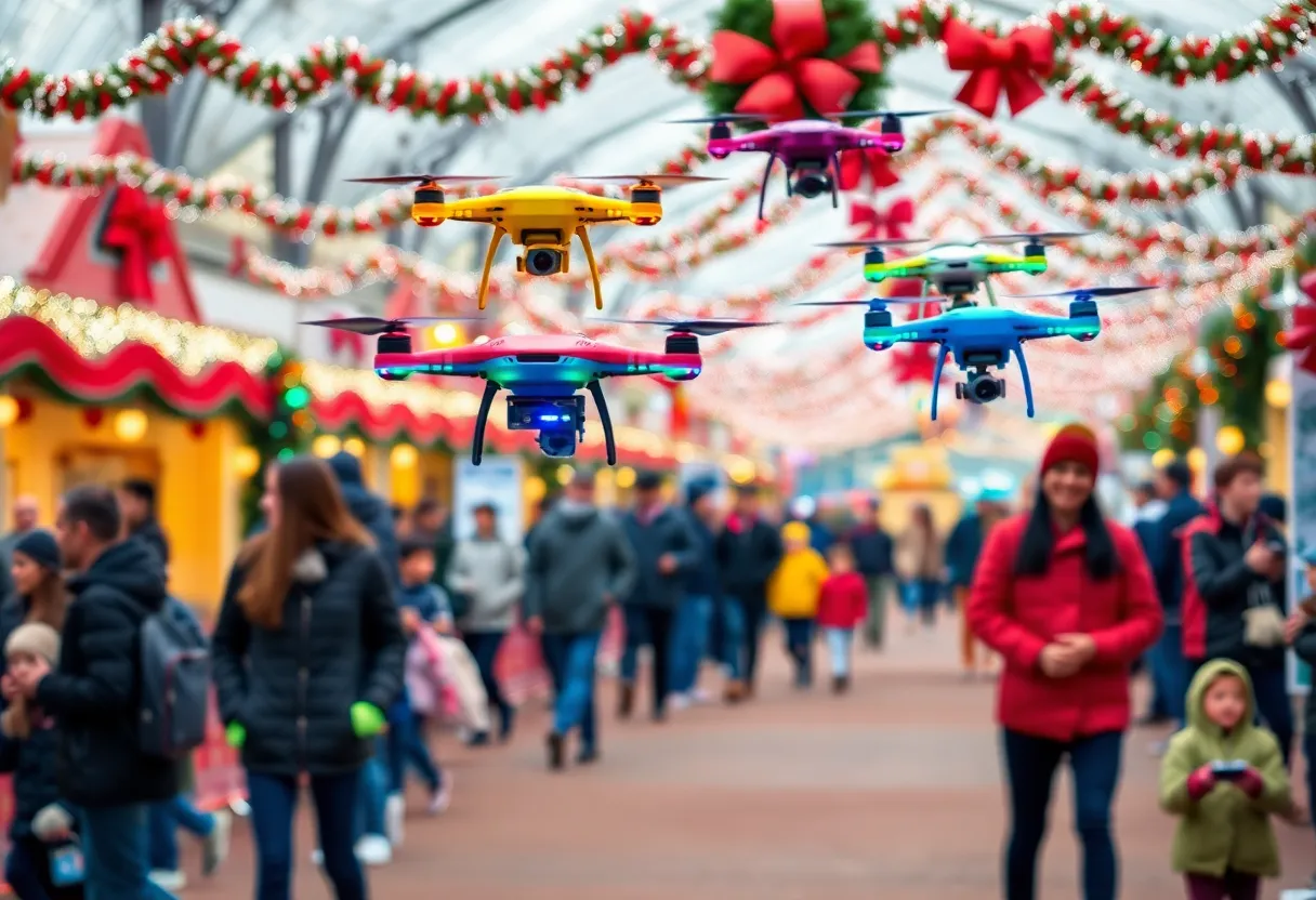 Drones racing through a festive atmosphere at ASU's Let It Snow Festival.