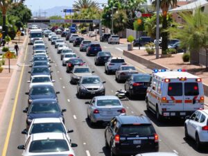 Emergency response vehicles at a freeway accident scene in Phoenix