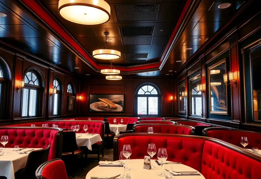 Interior view of Durant's Steakhouse with red velvet booths