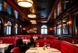 Interior view of Durant's Steakhouse with red velvet booths