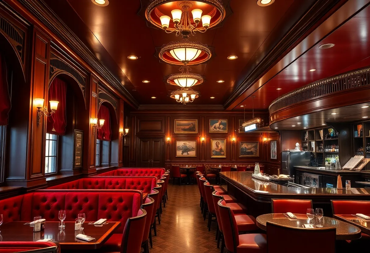 Interior of Durant's Steakhouse with red-velvet booths and polished bar