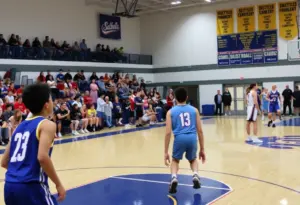 High school basketball players from Great Hearts Anthem Eagles and North Phoenix Prep Gladiators playing on the court