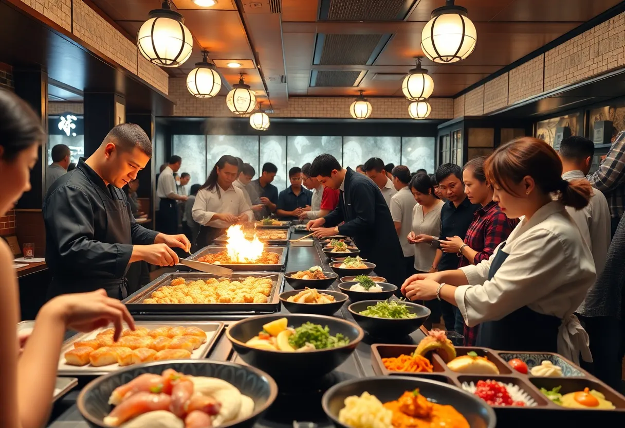 Interior of Edo Japanese Grill with chefs cooking teppanyaki and diners enjoying meals