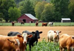 A beautiful family farm with crops and livestock in a rural setting.
