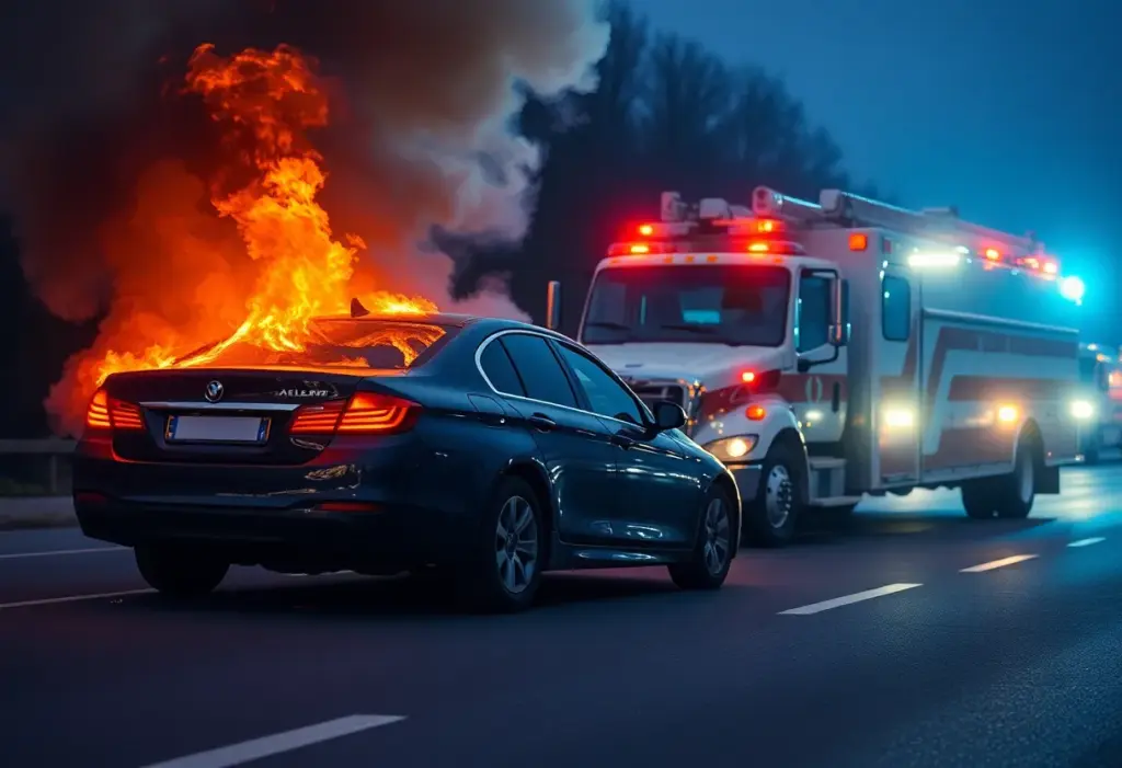 Scene of a fiery car crash in Glendale, AZ with a service truck and sedan.