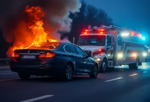 Scene of a fiery car crash in Glendale, AZ with a service truck and sedan.