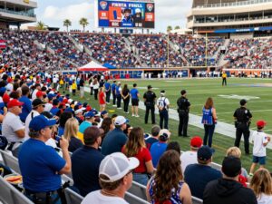 Community members celebrating at the Fiesta Bowl with law enforcement ensuring safety.