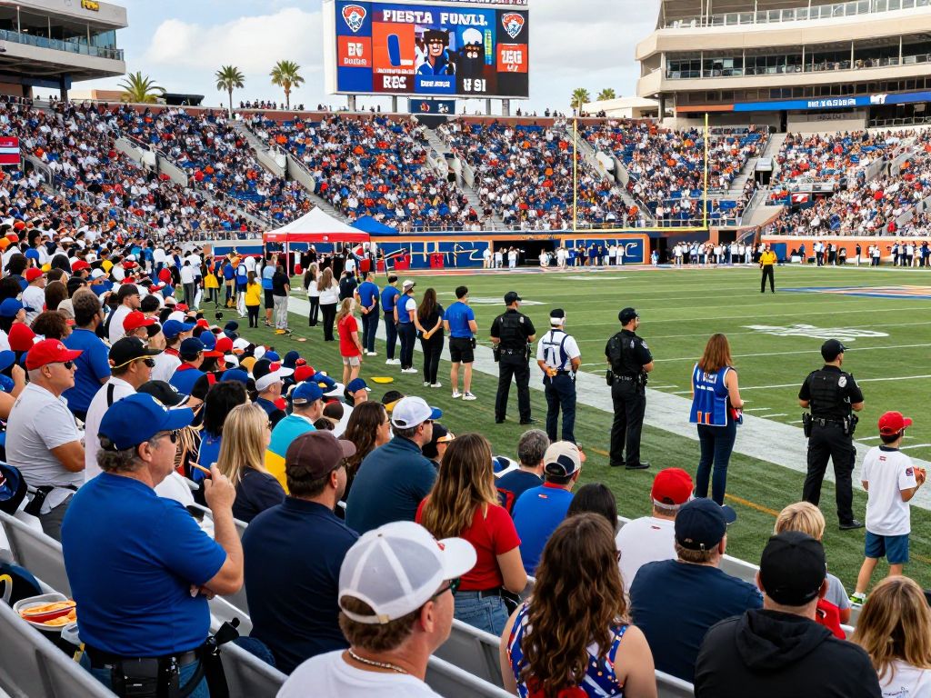 Community members celebrating at the Fiesta Bowl with law enforcement ensuring safety.