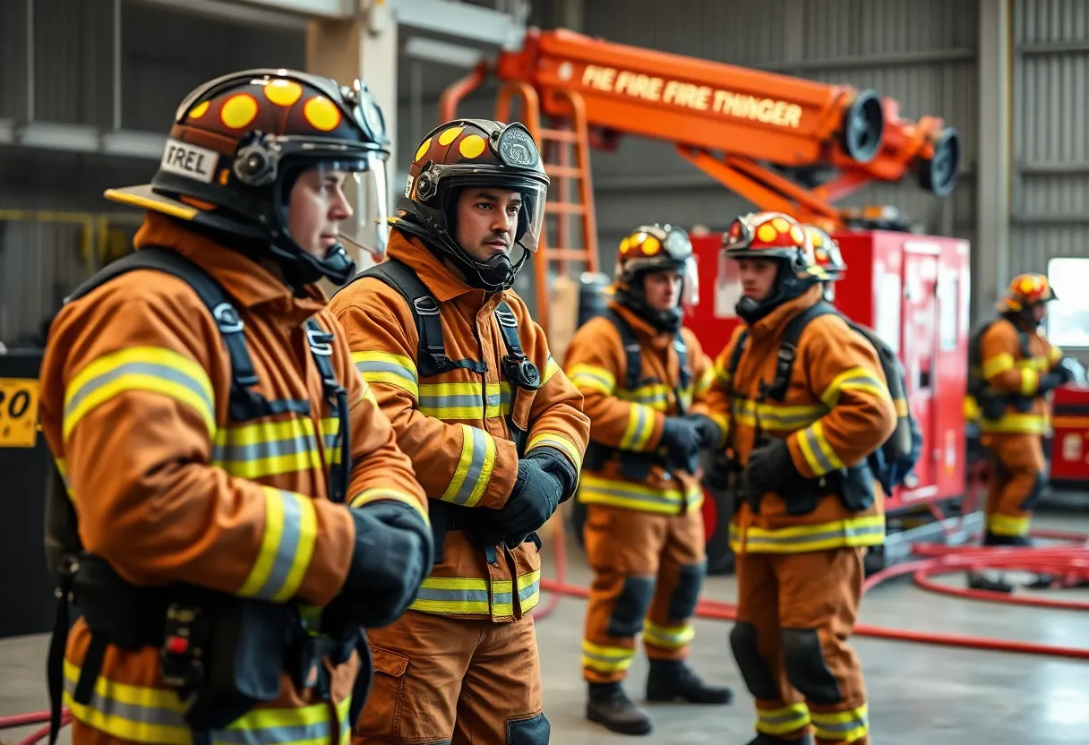 Firefighters engaged in training, wearing protective gear and using equipment.