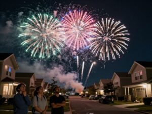 Colorful fireworks exploding in a Phoenix neighborhood at night.