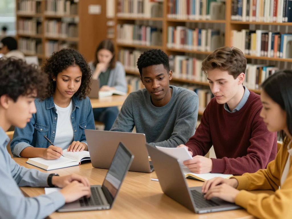 A group of young adults studying together in a library, representing educational support for foster youth.