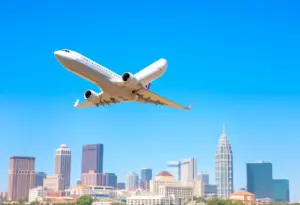 Airplane flying over Phoenix skyline
