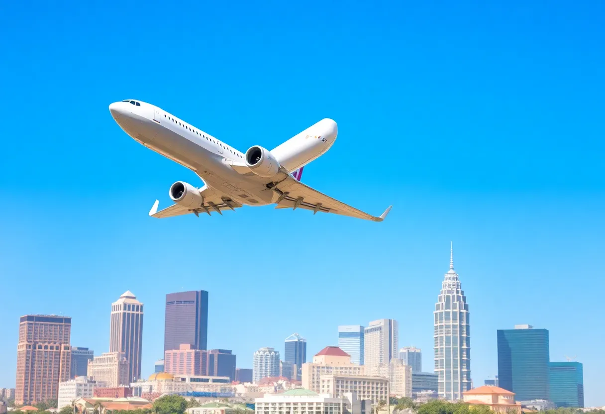 Airplane flying over Phoenix skyline