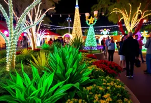 A scene from December garden events in Phoenix, Arizona with lights and decorations.