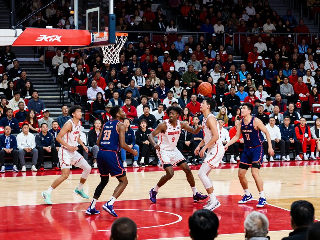 Energetic basketball game featuring collegiate athletes in action.
