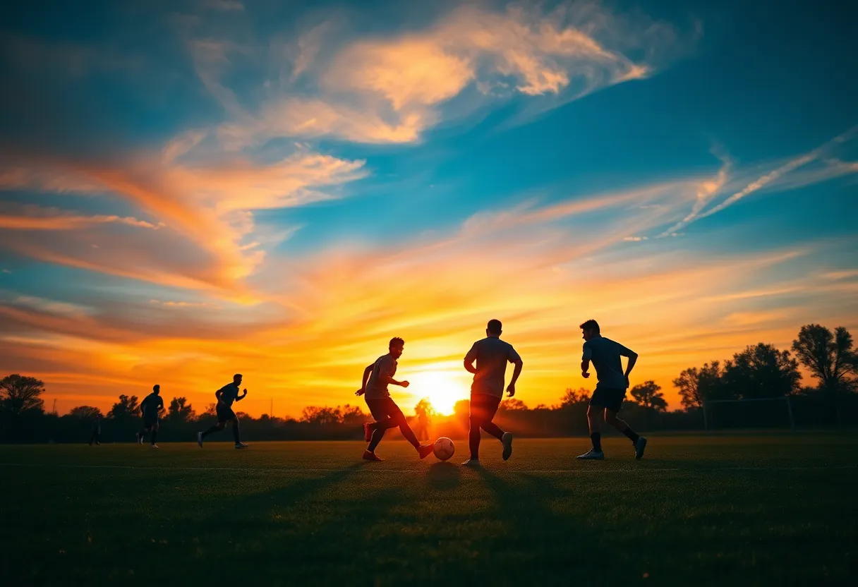 Sunset view of a soccer field with players
