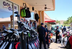 Glendale retail store featuring golf clubs with police presence.