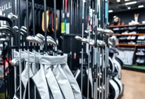 High-end golf equipment displayed in a sporting goods store