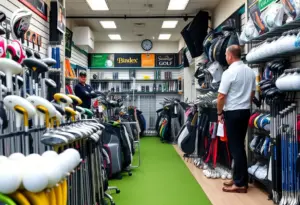 Interior of a golf store displaying various equipment with security presence