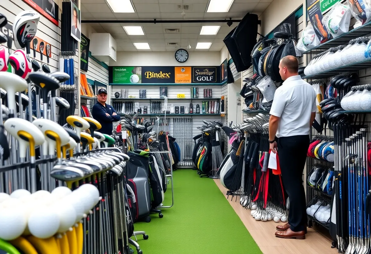 Interior of a golf store displaying various equipment with security presence