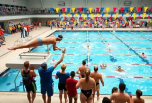 Grand Canyon University swimming competition with athletes racing in the pool.