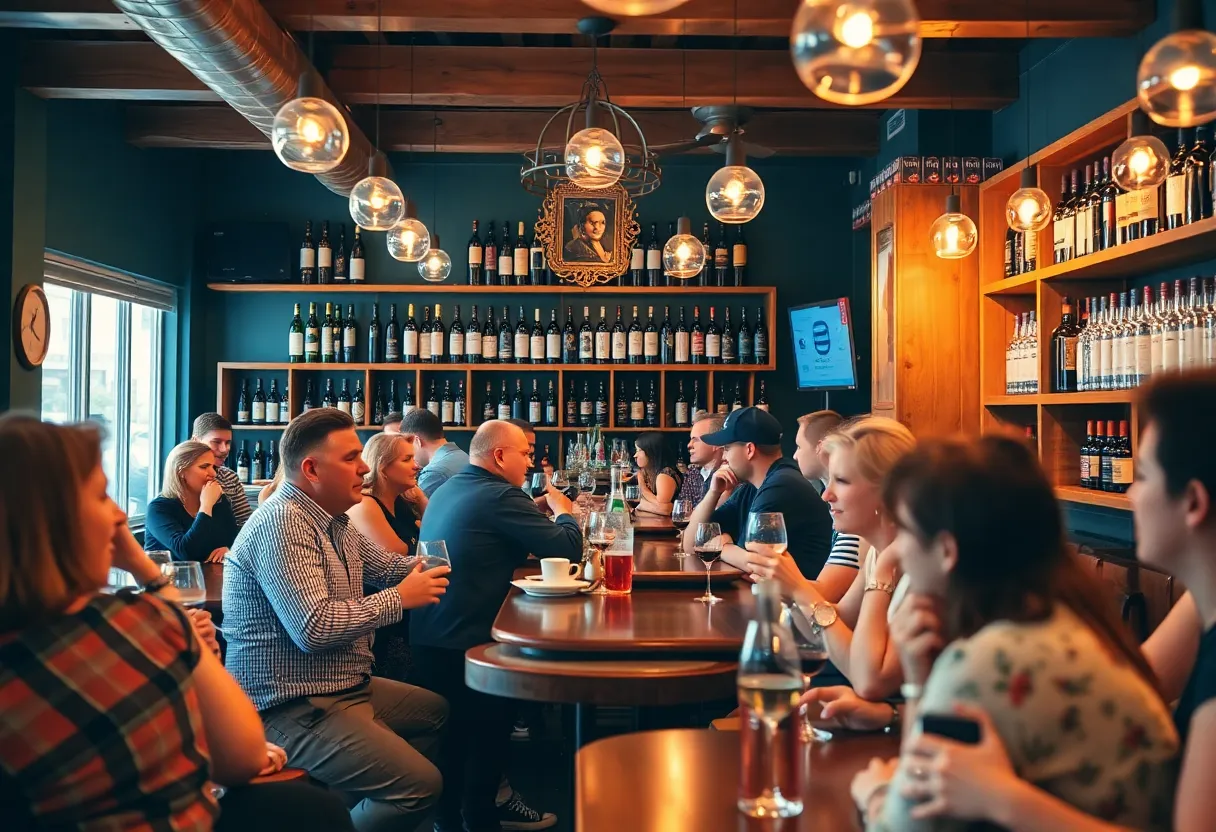 Interior of Grapes & Hops wine bar filled with people enjoying beverages and attending community events