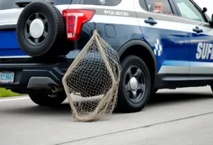 DPS police vehicle using grappler device on a highway
