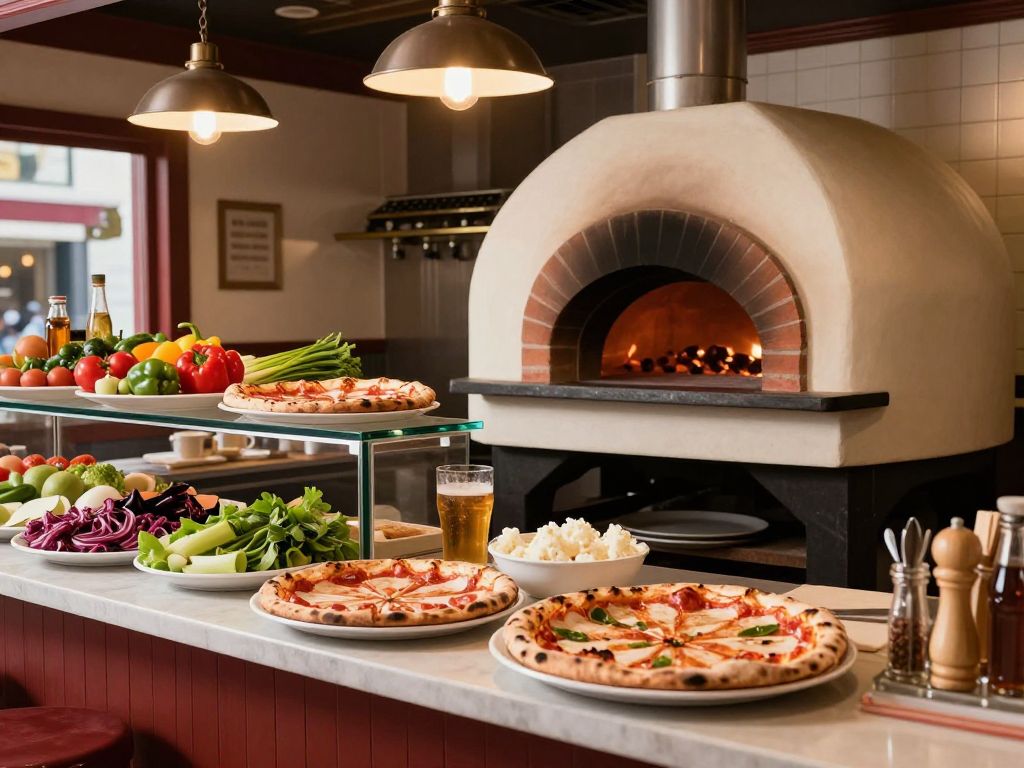 Interior of Grimaldi's Pizzeria showcasing the coal-fired oven and fresh ingredients.