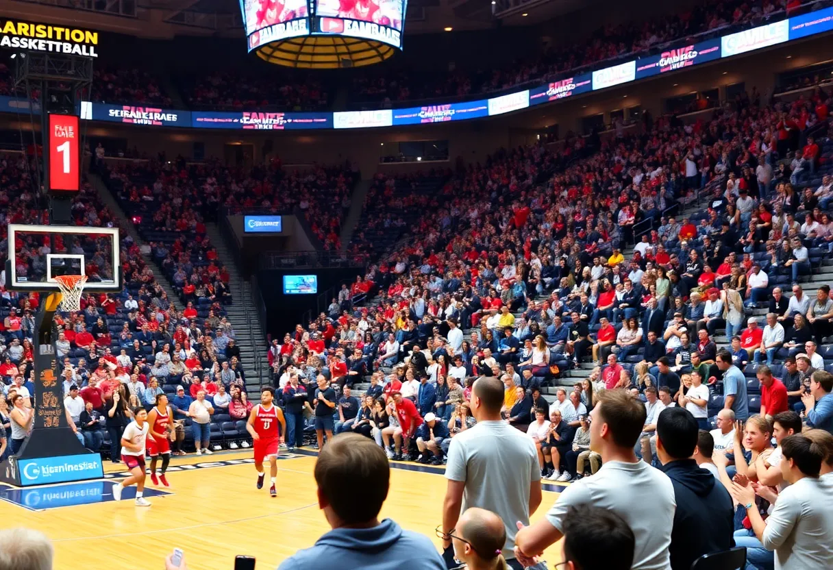 Fans cheering in a basketball arena during a collegiate game