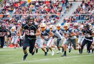 High school football players celebrating a touchdown at Hamilton High School.