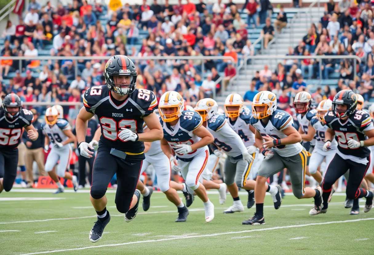 High school football players celebrating a touchdown at Hamilton High School.
