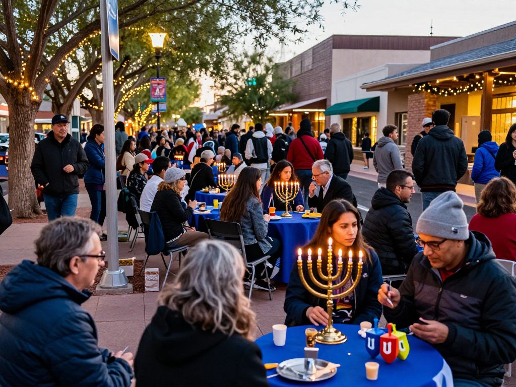Community gathering celebrating Hanukkah with menorahs and lights