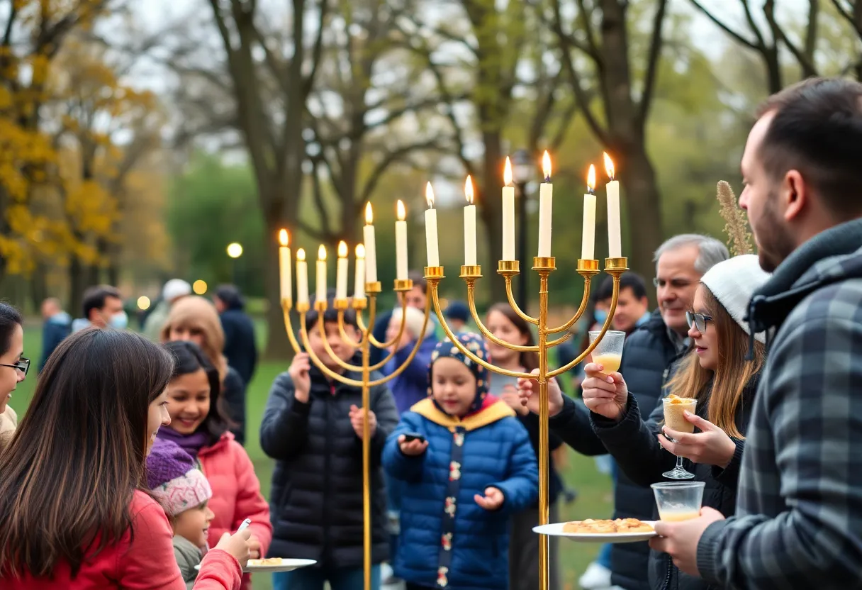 Families celebrating Hanukkah in a park with menorahs and traditional treats.