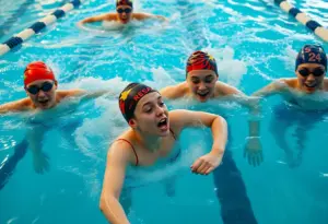 A group of swimmers competing in a collegiate swimming event
