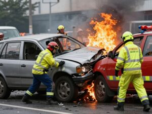 Scene of a head-on collision involving multiple vehicles and emergency response team.