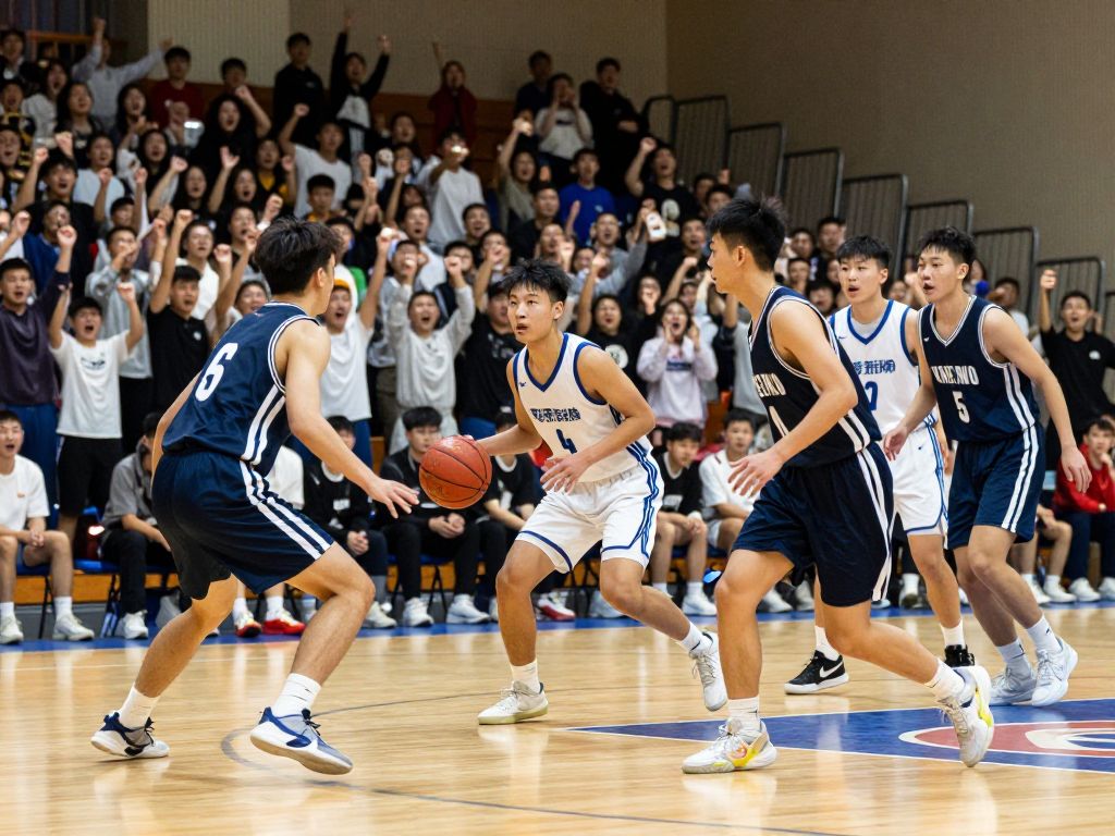 High school basketball teams in action during a game.