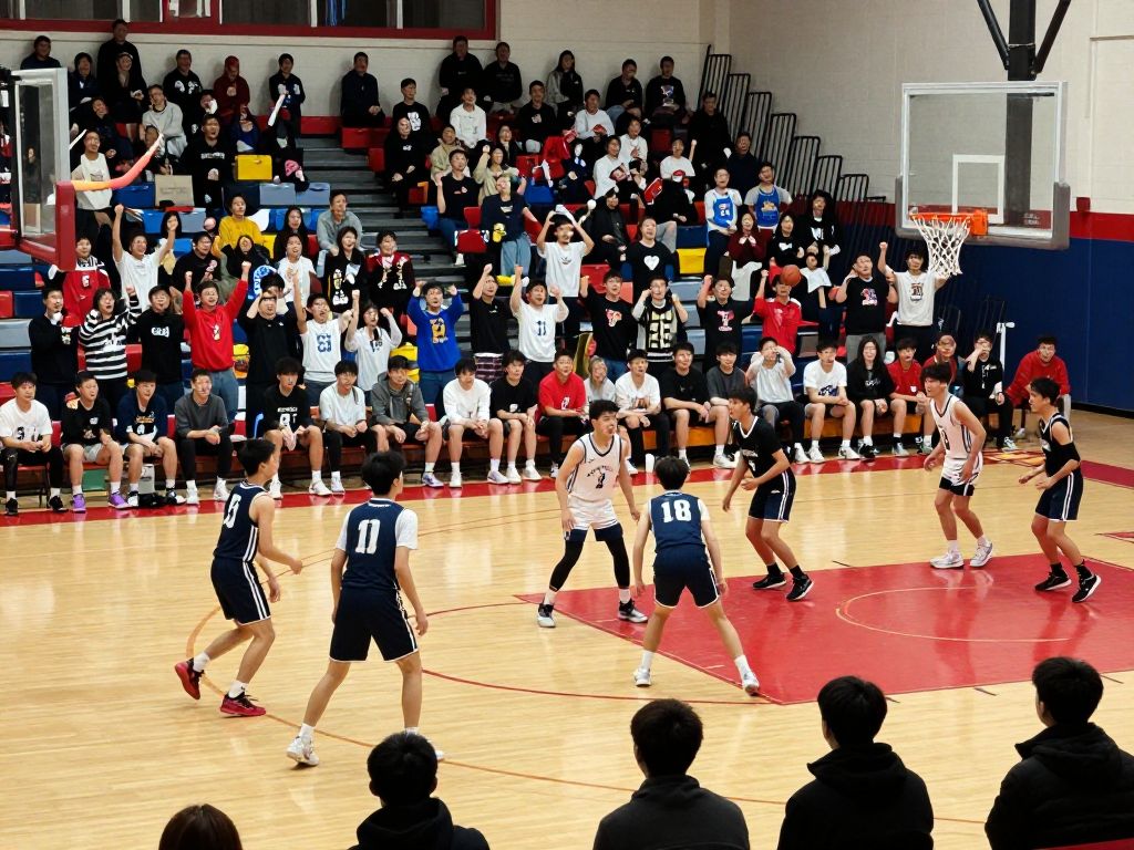 High school basketball game in Los Angeles with players in action and fans cheering.