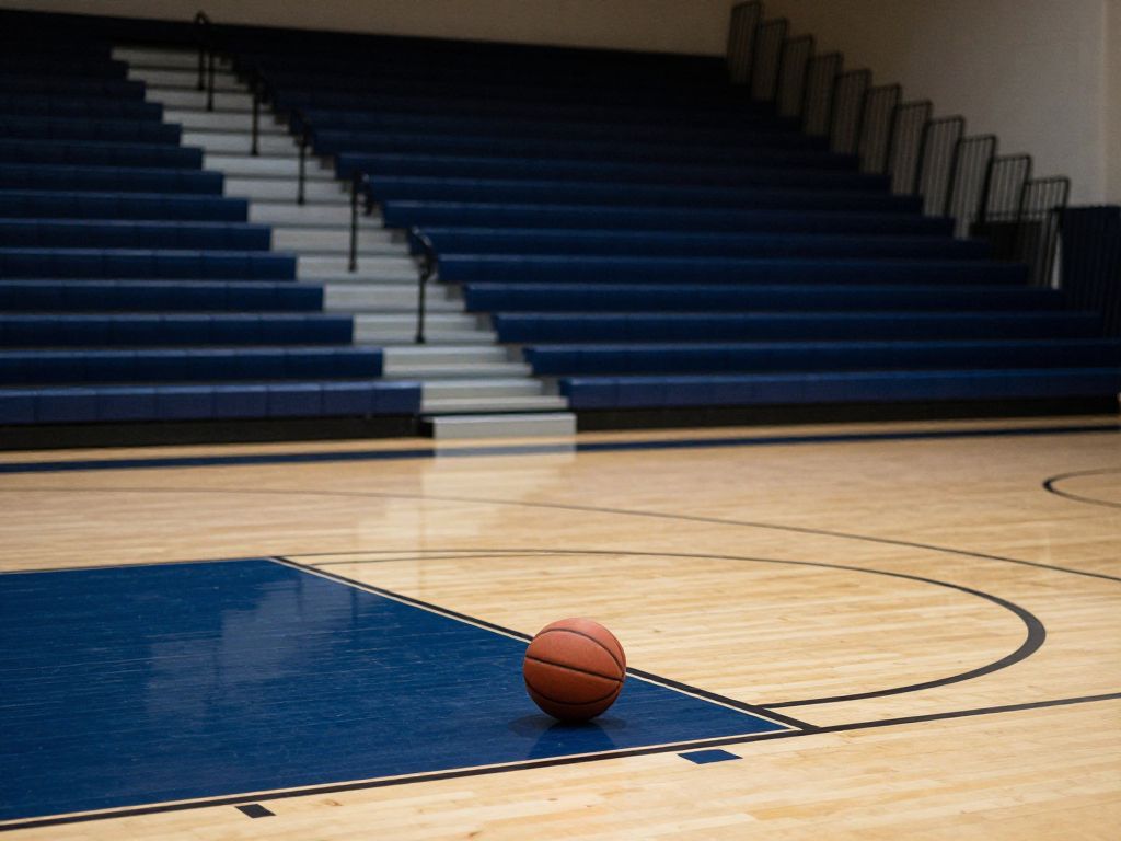 An empty basketball court in a high school gym