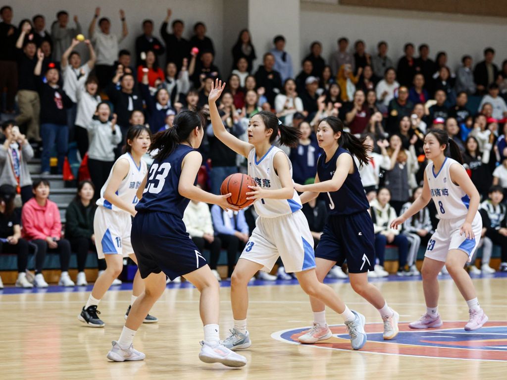 Girls basketball players competing in a high school game