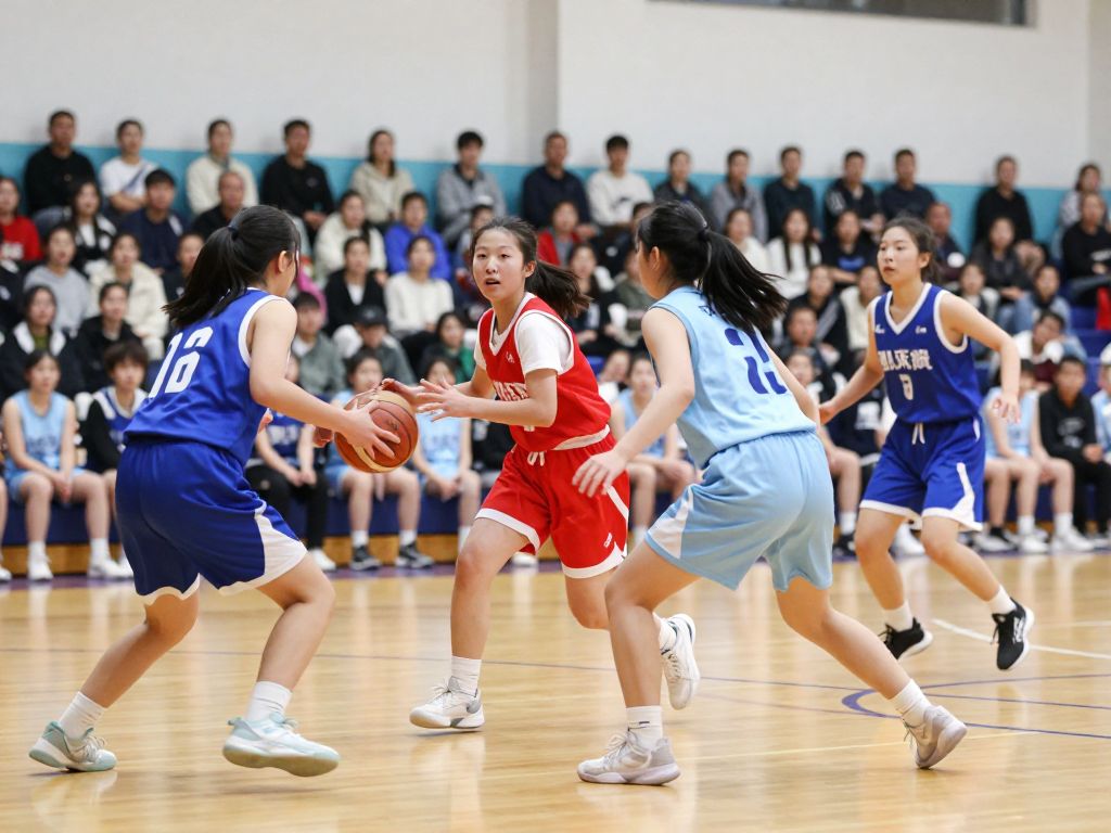 Girls high school basketball players in action during a game.