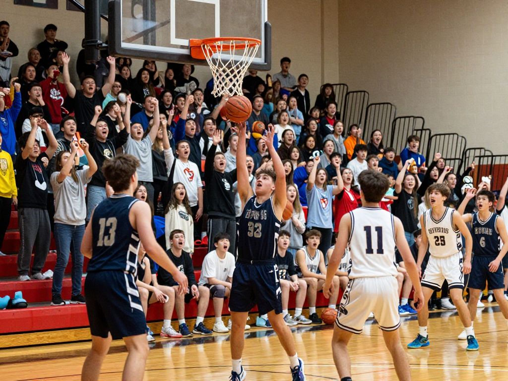 High school basketball game with cheering spectators in the background.
