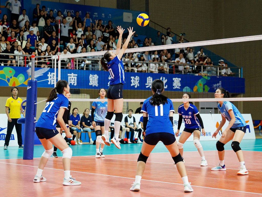 High school girls' volleyball players in action during a regional match.