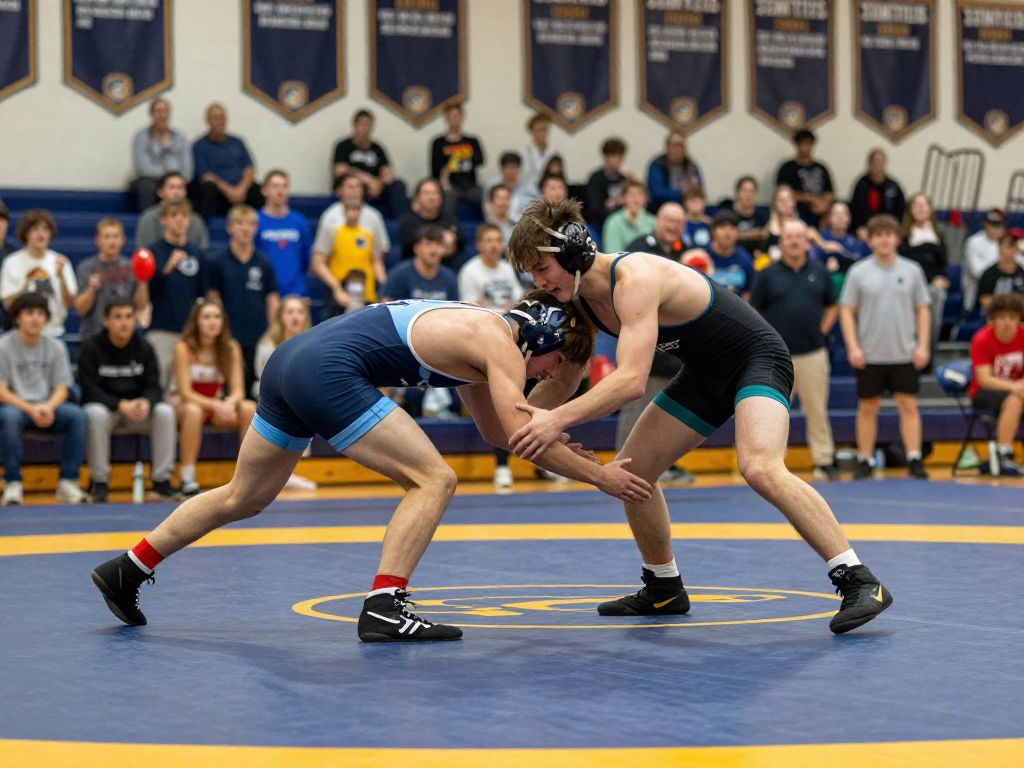 Wrestlers competing in a high school match on a mat, capturing the spirit of dedication and sportsmanship.