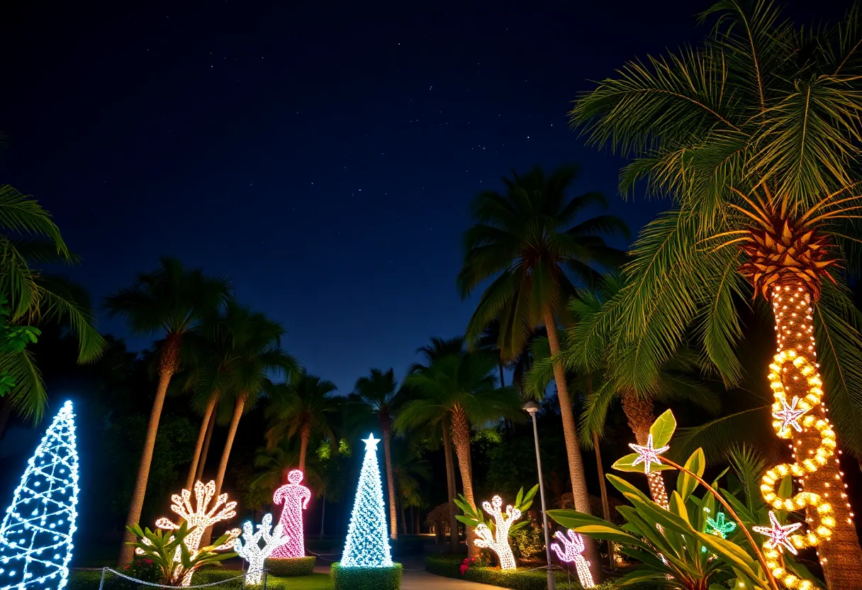 Illuminated holiday lights at the Desert Botanical Garden in Phoenix, Arizona.