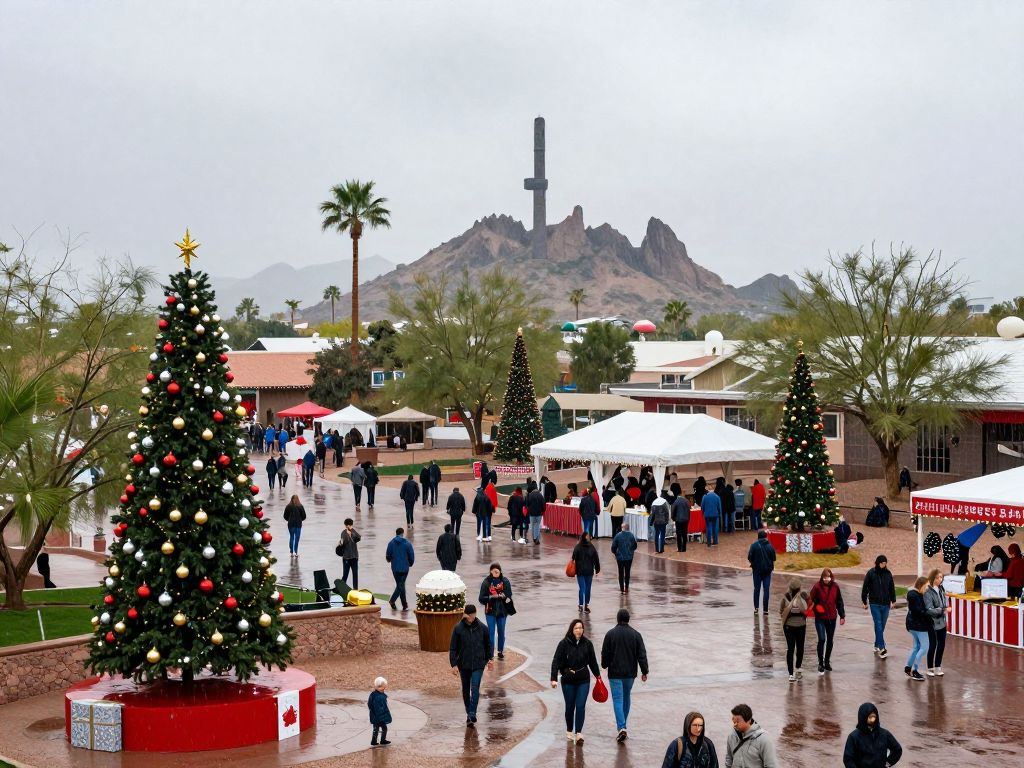 Phoenix during a rainy Christmas with holiday lights.