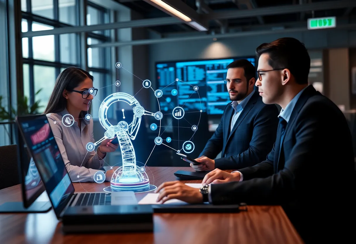 Team collaborating with AI technology demonstrating human oversight.