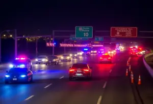 Accident scene on Interstate 10 in Phoenix with police and traffic cones.