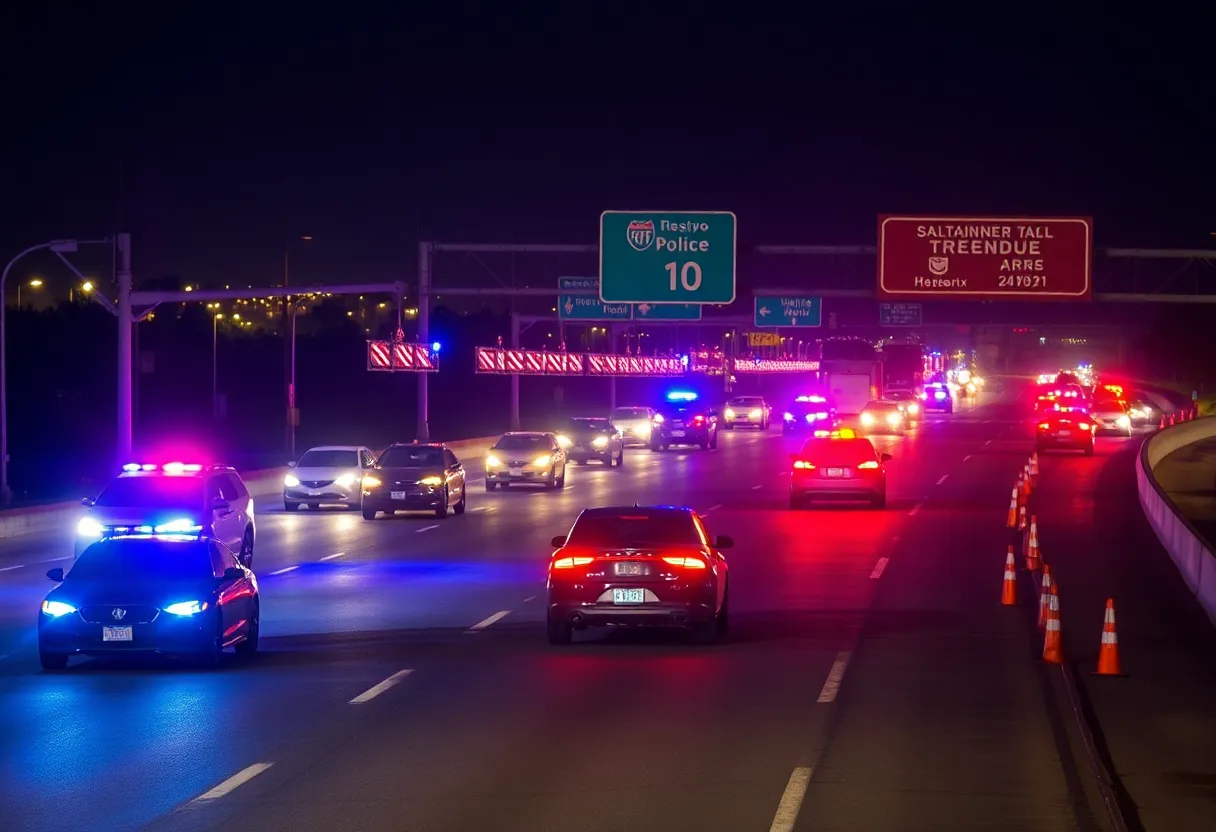 Accident scene on Interstate 10 in Phoenix with police and traffic cones.