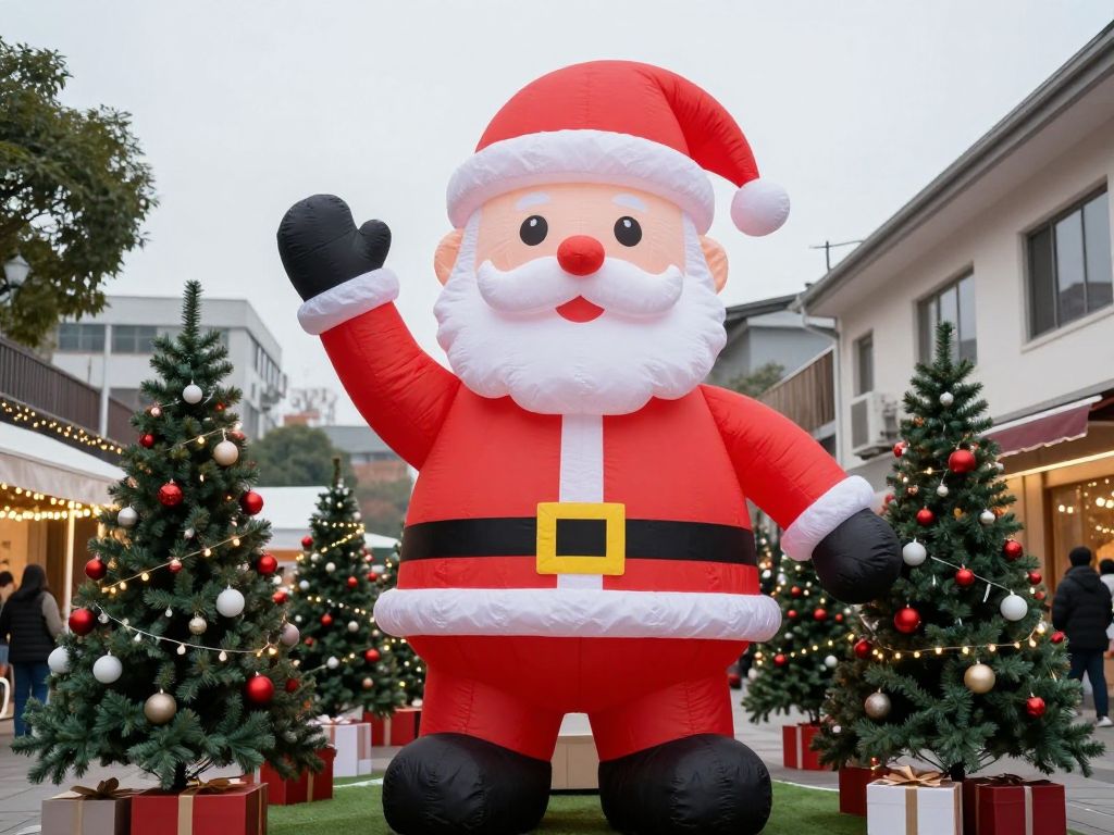 40-foot inflatable Santa Claus at a Christmas tree lot